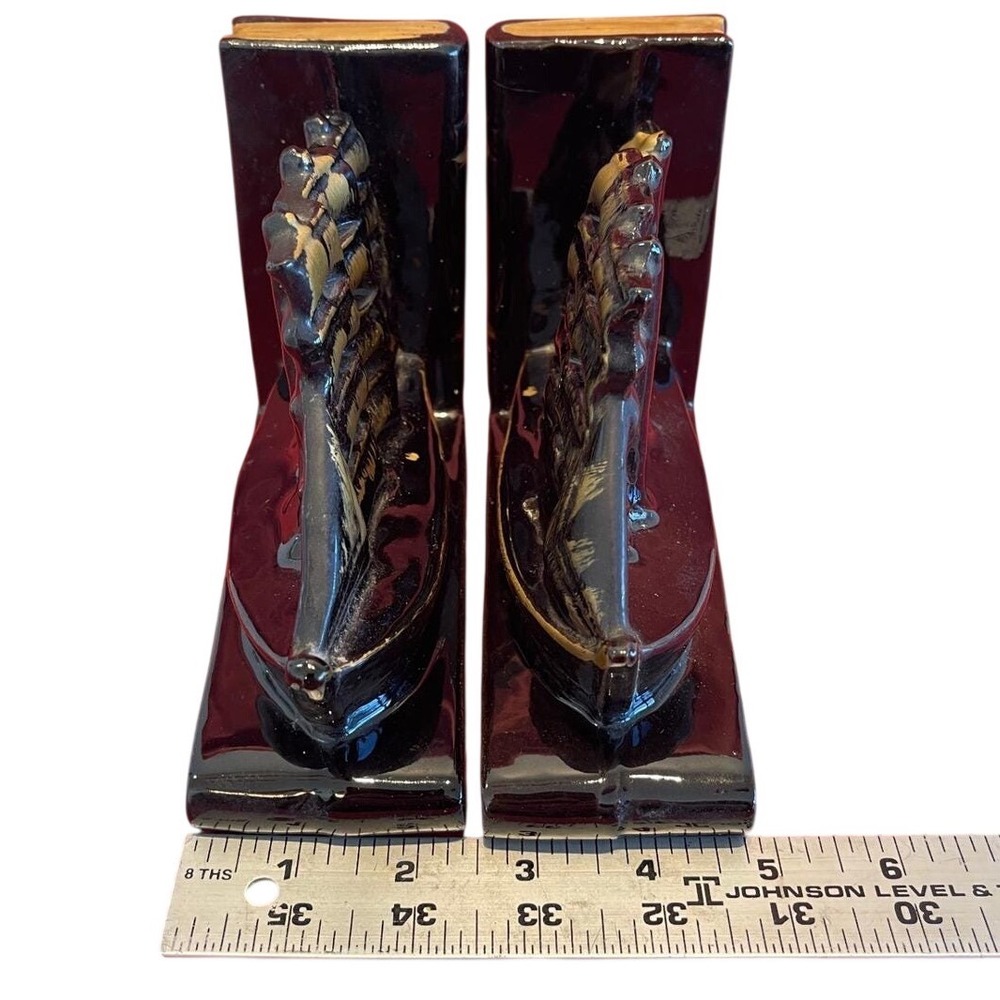 Vintage Ceramic Sailing Ship Bookends Black Gold Nautical Galleon Japan Pair - Picture 3 of 6